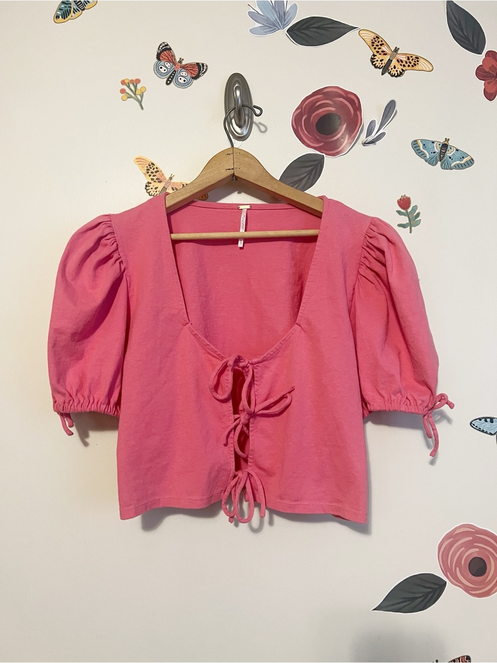 Free People Pink Puff-Sleeve Tie-Front Crop Top L